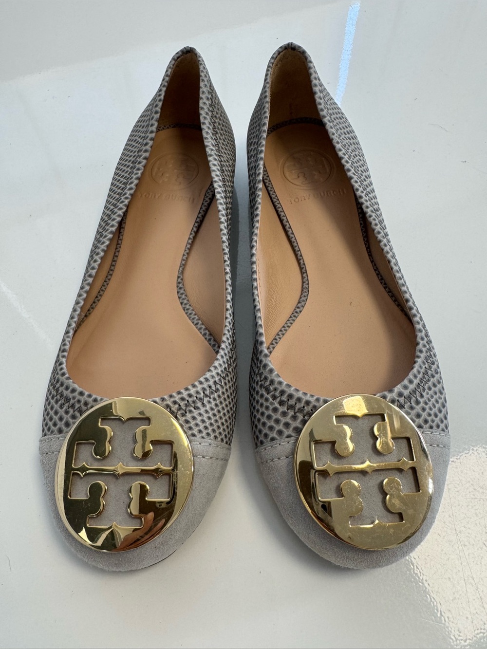 Tory Burch Light Gray Two Tone Serena Ballet Flats with Gold Medallions
